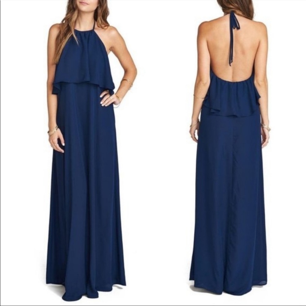 NEW Show Me Your MuMu Aimee Ruffle Halter Navy Blue Open Back Chiffon Maxi Dress
